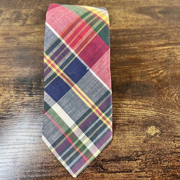Reis of New Haven Neck Tie Mark Fore Strike Plaid Linen Cotton Holiday Work VTG - Picture 7 of 8